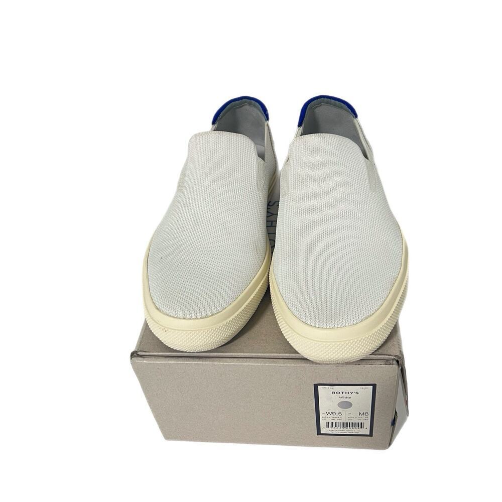 Rothy's The City Slip On Sneaker Womens 9.5 White Blue Trim Knit Classic Comfort